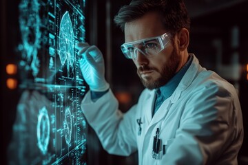 Leinwandbilder - A focused scientist in a white lab coat and high-tech goggles examines intricate holographic data displays, symbolizing cutting-edge research and analysis.