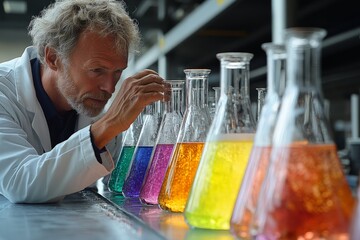 Aufkleber - A scientist wearing a lab coat observes colorful liquid-filled beakers, with each containing different hues on a lab bench symbolizing scientific curiosity.