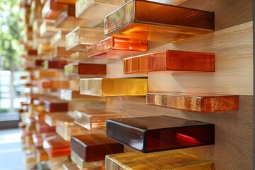 Aufkleber - A vibrant and colorful wall made of translucent glass blocks in various hues, creating a contemporary art piece that plays with light and color interaction.