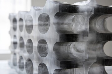 Leinwandbilder - This image features a metallic block sculpture with precise circular cutouts, creating an intriguing abstract pattern. The texture and form evoke a sense of industrial precision.