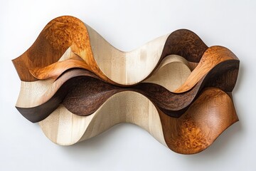 Fototapete - A captivating wooden sculpture featuring undulating, wave-like forms in various wood tones, evoking a sense of movement and artistic fluidity.