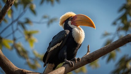 A hornbill perched on a branch, showcasing its vibrant beak against a blue sky.