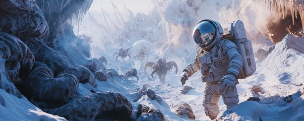 Wall Mural - a lone astronaut crash-landing on an unknown planet, teeming with strange creatures.