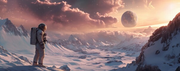 Wall Mural - a lone astronaut encountering a benevolent alien civilization that has achieved immortality.