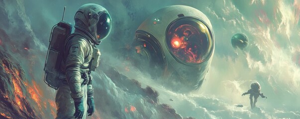 Wall Mural - a lone astronaut encountering a benevolent alien civilization that has achieved immortality.