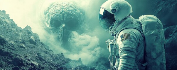 Wall Mural - a lone astronaut encountering an alien civilization that has achieved mastery over time and space.