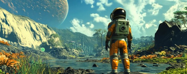 Wall Mural - a lone astronaut encountering an alien civilization that has achieved mastery over time and space.