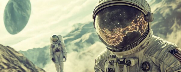 Wall Mural - a lone astronaut encountering an alien civilization that has achieved a deep understanding of the un