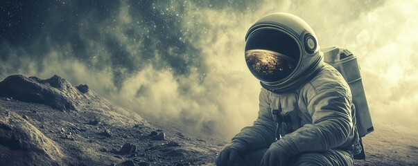 Wall Mural - a lone astronaut encountering an alien civilization that has achieved a deep understanding of the un