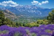 © ChaoticMind - Lush lavender fields cascading down the hills towards a quaint village nestled amongst the foothills, with snow-capped mountains towering majestically in the background.
