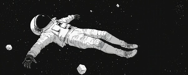 Wall Mural - a lone astronaut floating in a zero-gravity environment, surrounded by floating objects and experien
