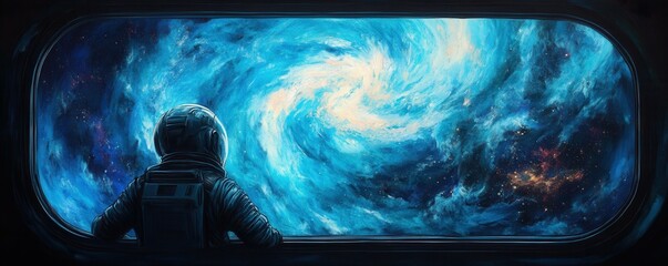 Wall Mural - a lone astronaut gazing at a swirling nebula from a spaceship window, their heart filled with awe an