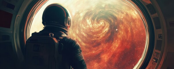 Wall Mural - a lone astronaut gazing at a swirling nebula from a spaceship window.