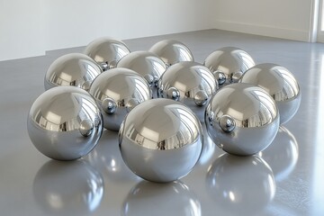 Fototapete - A striking arrangement of metallic, reflective spheres on a sleek gallery floor, creating an abstract and visually engaging composition of light and form.