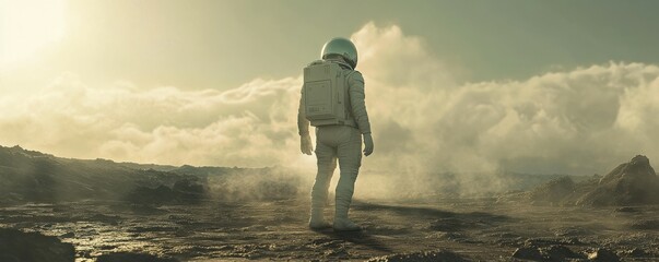 Wall Mural - a lone astronaut returning to earth after a long journey through the cosmos, bringing back a message