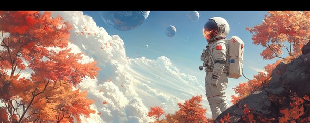Wall Mural - a lone astronaut returning to earth as a transformed being, sharing newfound wisdom and enlightenmen