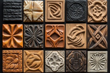 Aufkleber - A collection of sixteen wooden tiles with intricate, diverse carved patterns showcasing an artistic variety of textures and shapes in a harmonious arrangement.
