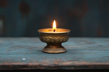 Aufkleber - A small candle rests in a beautifully decorative brass holder, casting a warm and inviting glow across the rustic wooden surface of the table in a peaceful setting.