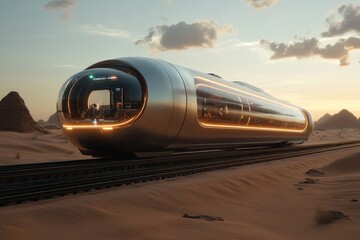 Aufkleber - A sleek futuristic train with glowing lights travels effortlessly through a vibrant desert landscape, showcasing innovative transportation technology for the future.