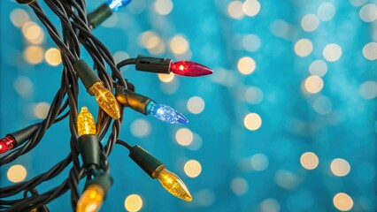 A cluster of colorful Christmas lights arranged in a pattern against a bright blue and light teal backdrop with subtle gold accents adding depth to the bokeh effect, holiday decor, teal decorations