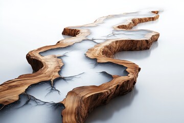 Fototapete - This image showcases an innovative resin river design flowing across a wooden surface, merging contemporary artistry with natural beauty into a visually stunning piece.
