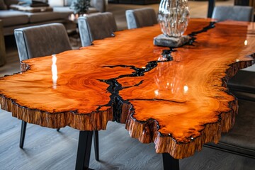 Fototapete - This image presents a glossy wooden table featuring a vivid orange surface accentuated by streaks of black resin, offering a modern and chic design statement.