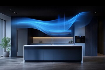 Poster - A sleek and modern kitchen layout featuring a central island and an innovative blue airflow representation, merging design with advanced ventilation technology.