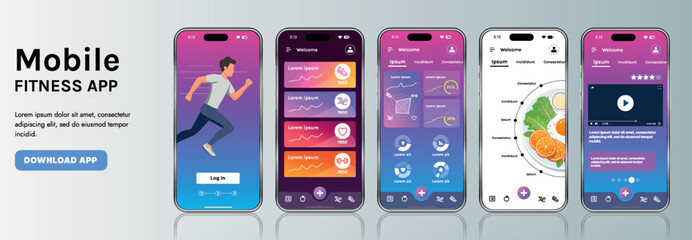 Wall Mural - a sleek fitness app interface template featuring responsive design elements, including dashboards, c