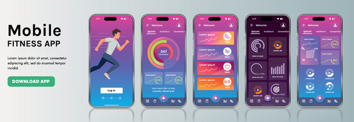 Wall Mural - a sleek fitness app interface template featuring responsive design elements, including dashboards, c