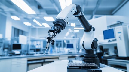 Wall Mural - a robotic system conducting automated inspections of high-end consumer electronics in a clean, high-