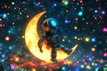 Wall Mural - Robot Sitting on Crescent Moon at Night