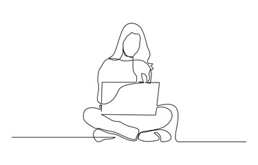 Continuous one single line drawing Happy professional young business woman using laptop, Professional young business woman using digital mobile phone tablet laptop work.