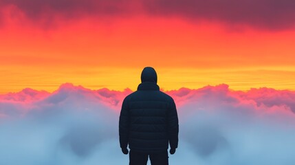 Wall Mural - Above the Clouds: A lone figure stands on a mountain peak, gazing at a breathtaking sunset over a sea of clouds. The vibrant colors of the sky create a dramatic and awe-inspiring scene.