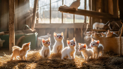 Wall Mural - Group of playful kittens sitting together in a hay covered barn surrounded by rustic wooden beams and natural light streaming through the windows