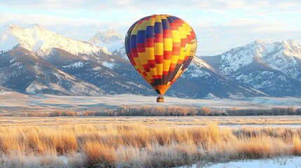 Wall Mural - Majestic Hot Air Balloon Soaring Over Snowy Mountain Landscape