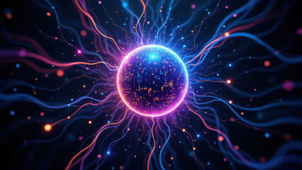 Wall Mural - Futuristic AI brain with glowing circuitry and data points in vibrant colors of pink, blue, purple, and orange against a cosmic backdrop.