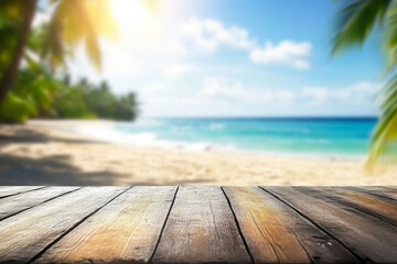 Wall Mural - Wooden boards with blurred sea background and coconut palm leaves