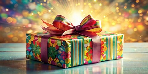 Wall Mural - A vibrant gift box with a colorful patterned wrap and a large satin ribbon bow sits on a rustic wooden surface, illuminated by a festive bokeh background.