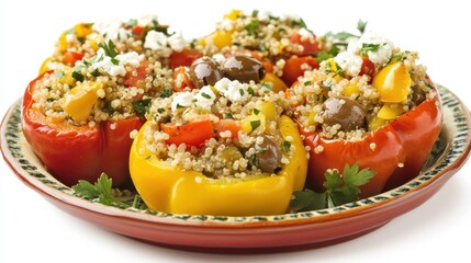 Wall Mural - A colorful plate of Greek stuffed bell peppers with bell peppers filled with quinoa, tomatoes, olives