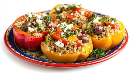 Wall Mural - A colorful plate of Greek stuffed bell peppers with bell peppers filled with quinoa, tomatoes, olives