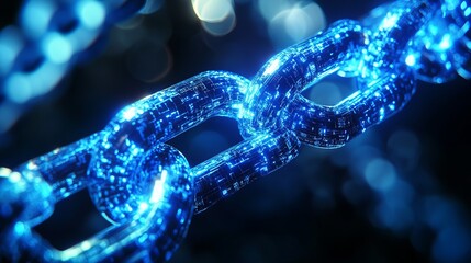 Close-up of glowing blockchain technology with blue connections, highly detailed, futuristic and advanced, dynamic and vibrant, technological and powerful atmosphere