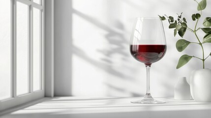 Poster - Elegant red wine glass reflecting in window with natural lighting and plant leaves