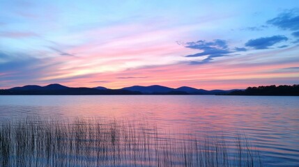 Wall Mural - vibrant sunset over a mountain lake creates a peaceful atmosphere with colorful reflections on the w