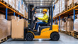 © Александр Марченко - Warehouse worker driving forklift carrying boxes in logistics center