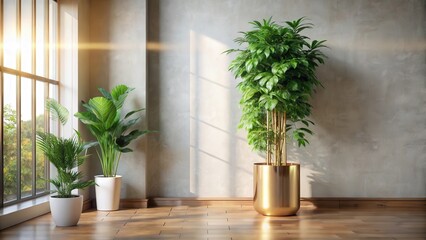 Sticker - Sunlit Room Interior Featuring Three Lush Potted Plants on Hardwood Floor Against Textured Wall