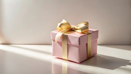 Wall Mural - A delicately wrapped pink gift box with a gold ribbon, bathed in soft sunlight on a pristine surface