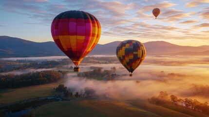 Wall Mural - Colorful Hot Air Balloons Soaring Above Misty Mountain Landscape at Breathtaking Sunset Scenery