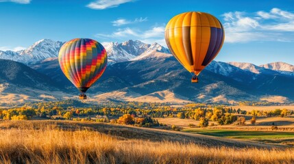 Wall Mural - Vibrant Hot Air Balloons Soaring Over Mountainous Autumn Landscape with Breathtaking Aerial View