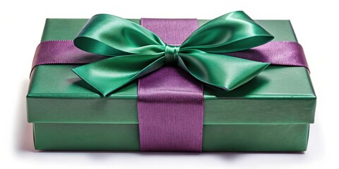 Wall Mural - A luxuriously wrapped emerald green gift box adorned with a vibrant green satin ribbon and a deep purple accent ribbon, perfect for a special occasion