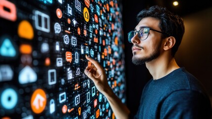 Young Man Interacting with Virtual Interface of Technology Icons